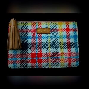 Dooney and Bourke Colorful Plaid Tassel Large Wristlet/Pouch 9"×9" EUC